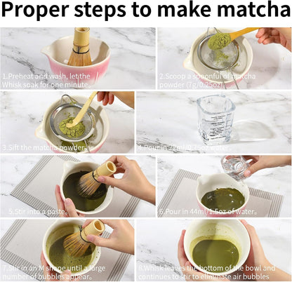 12 Pcs Matcha Whisk Set - Matcha Set Includes Ceramics Matcha Bowl and Cup, Matcha Kit for Ceremony Making Tools, Gift for Family/Friend （Gradient pink）