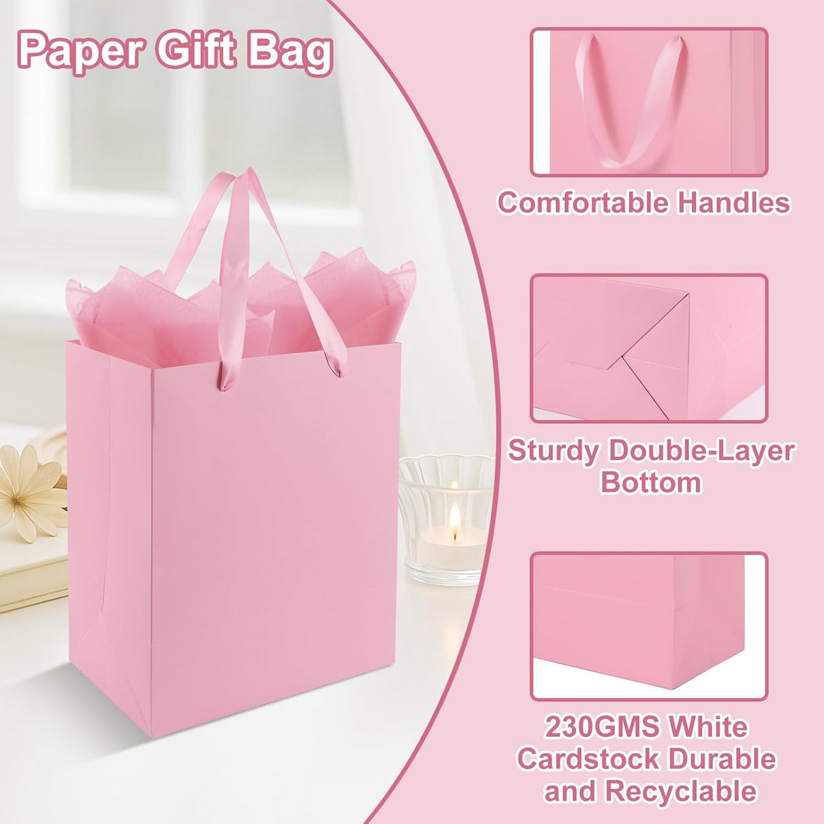 4 Pack Pink Gift Bags with Handles and 8 Tissue Papers