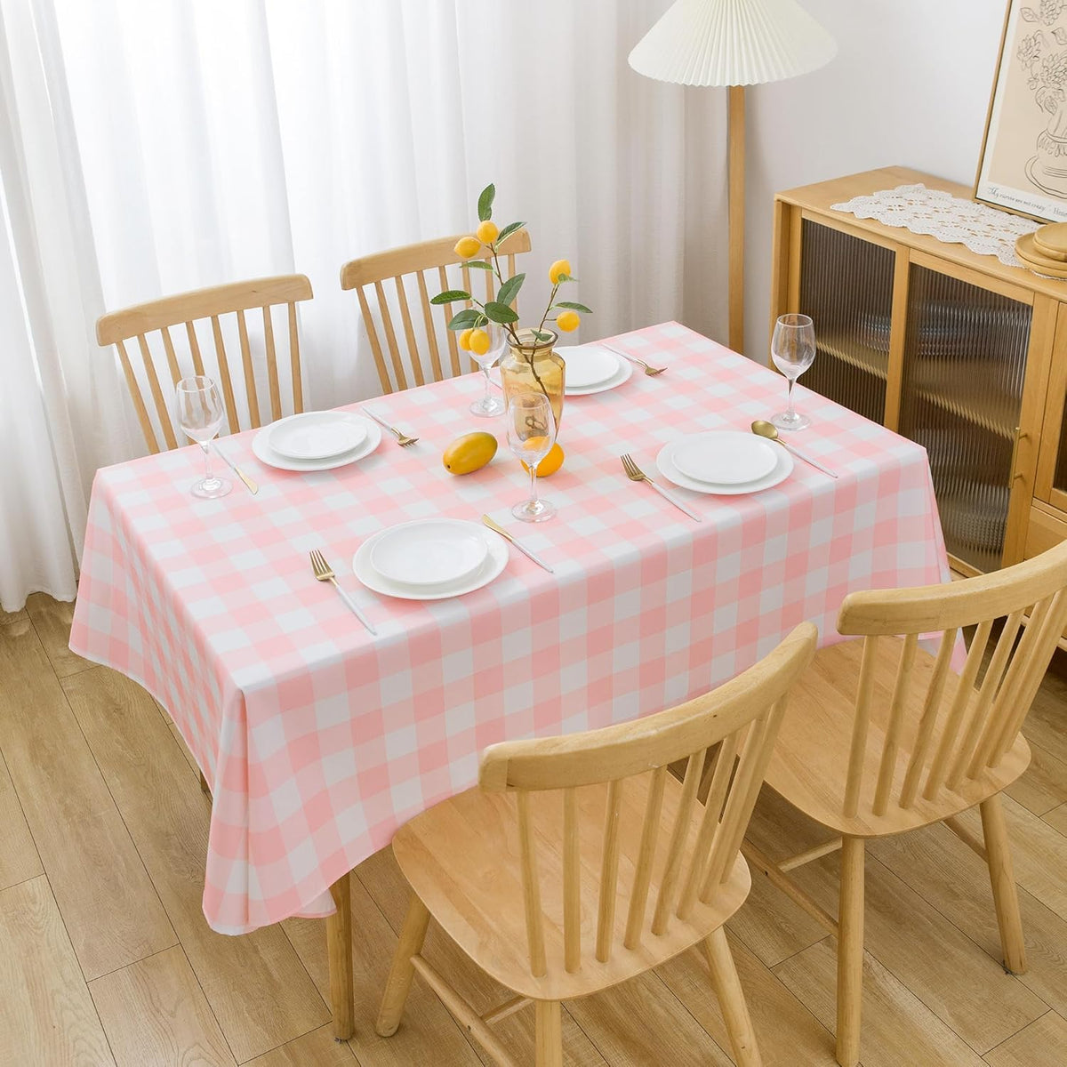 Pink and White Checkered Tablecloth 60"x 102" Rectangle Table Cloth – Oblong Pink Gingham Buffalo Plaid Polyester Table Cover Washable Reusable Water Resistant for Party Kitchen Dinning