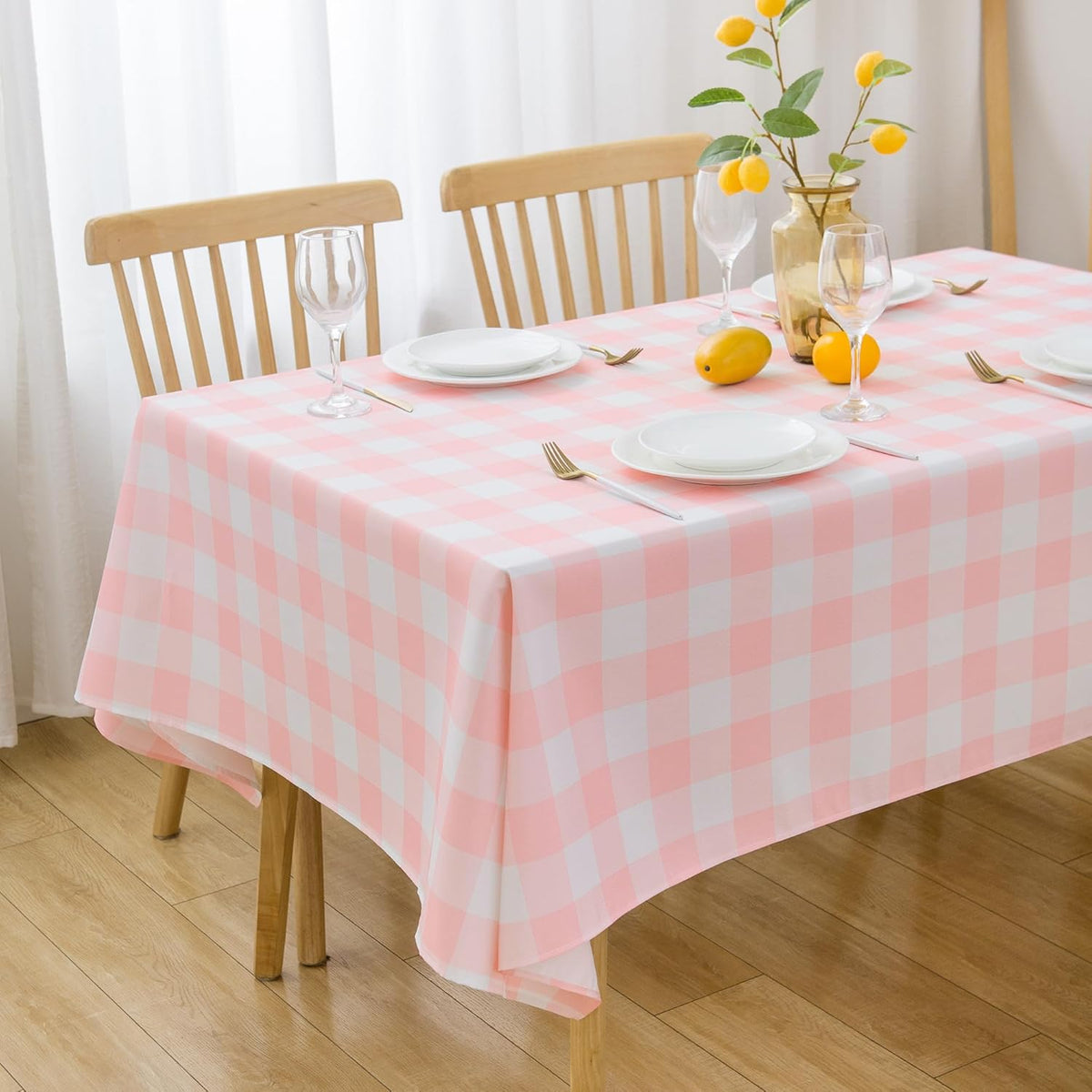 Pink and White Checkered Tablecloth 60"x 102" Rectangle Table Cloth – Oblong Pink Gingham Buffalo Plaid Polyester Table Cover Washable Reusable Water Resistant for Party Kitchen Dinning