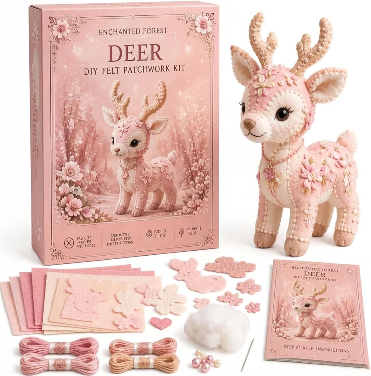 Pink Woodland Friends DIY Felt Patchwork Kit, Magic Forest Animals 3D Felt Sewing Kit, DIY Creative Patchwork Art Craft, Gifts for Adults Beginners Animal & DIY Craft Lovers (Blush Deer)