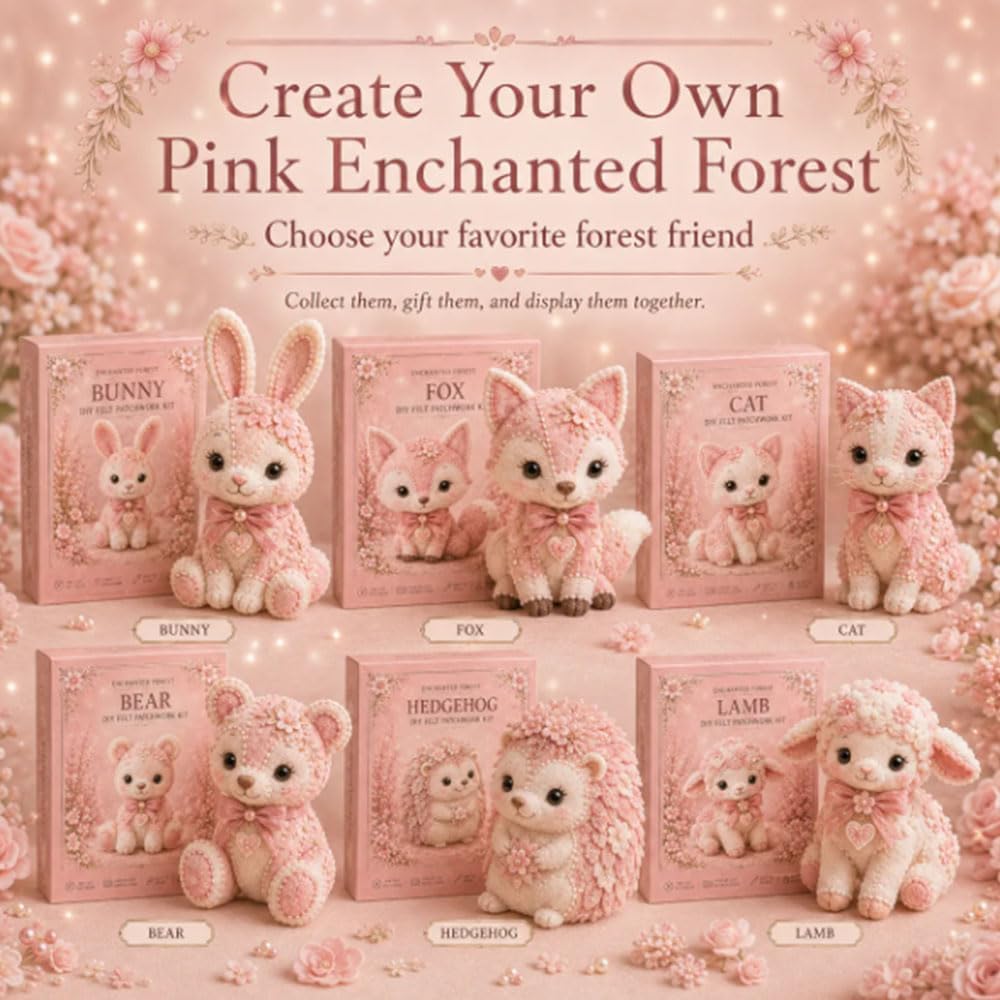 Pink Woodland Friends DIY Felt Patchwork Kit, Magic Forest Animals 3D Felt Sewing Kit, DIY Creative Patchwork Art Craft, Gifts for Adults Beginners Animal & DIY Craft Lovers (Blush Deer)