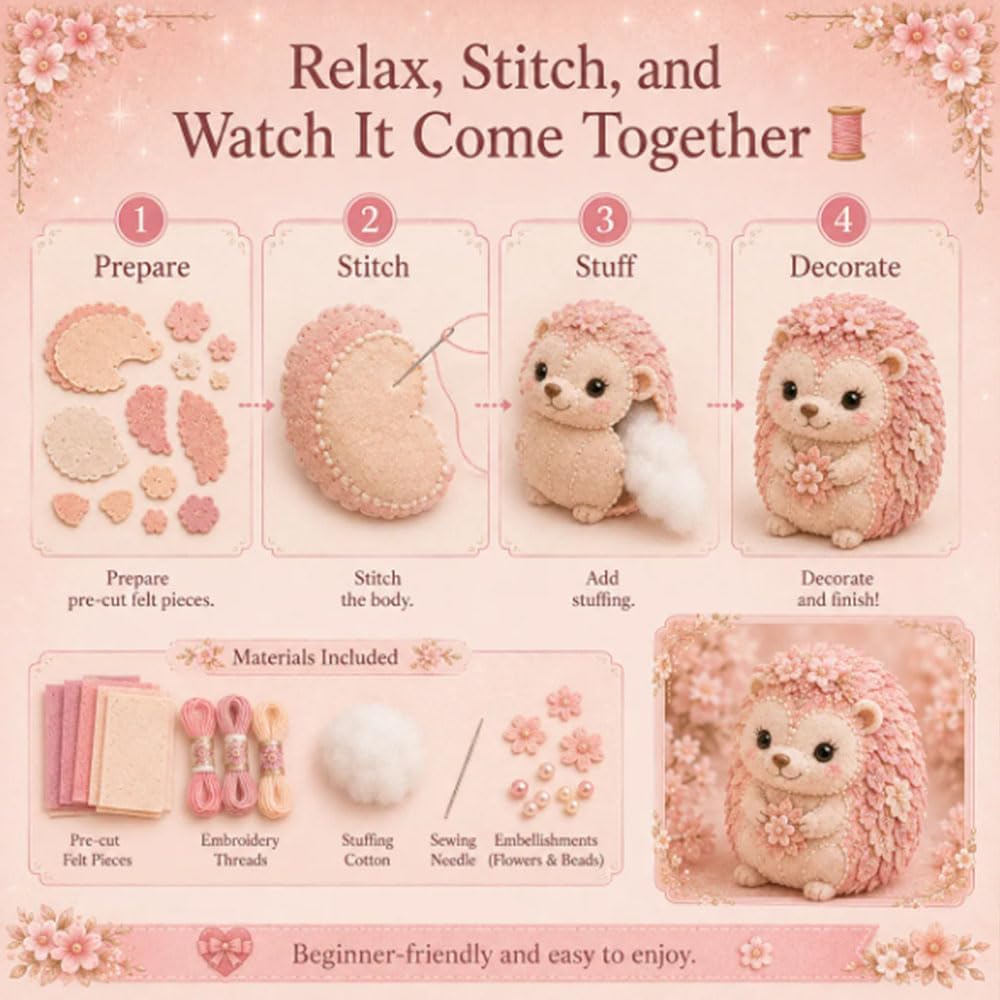 Pink Woodland Friends DIY Felt Patchwork Kit, Magic Forest Animals 3D Felt Sewing Kit, DIY Creative Patchwork Art Craft, Gifts for Adults Beginners Animal & DIY Craft Lovers (Blush Deer)