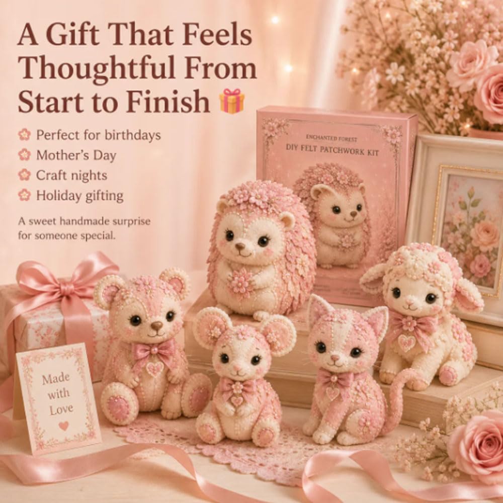 Pink Woodland Friends DIY Felt Patchwork Kit, Magic Forest Animals 3D Felt Sewing Kit, DIY Creative Patchwork Art Craft, Gifts for Adults Beginners Animal & DIY Craft Lovers (Blush Deer)