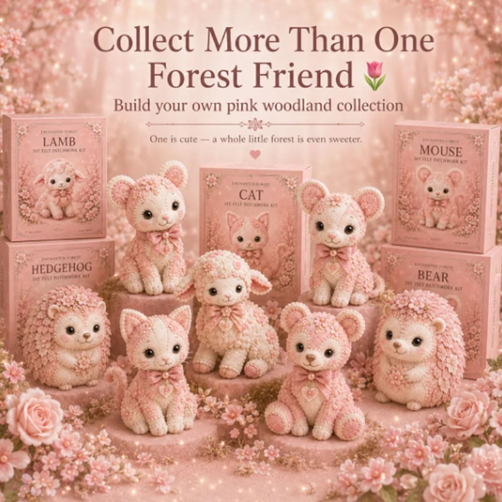Pink Woodland Friends DIY Felt Patchwork Kit, Magic Forest Animals 3D Felt Sewing Kit, DIY Creative Patchwork Art Craft, Gifts for Adults Beginners Animal & DIY Craft Lovers (Blush Deer)