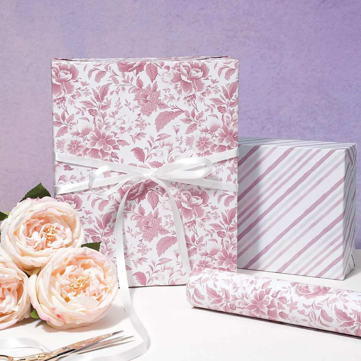 Pink Floral Wrapping Paper Mini Roll, Chinoiserie Peony Design