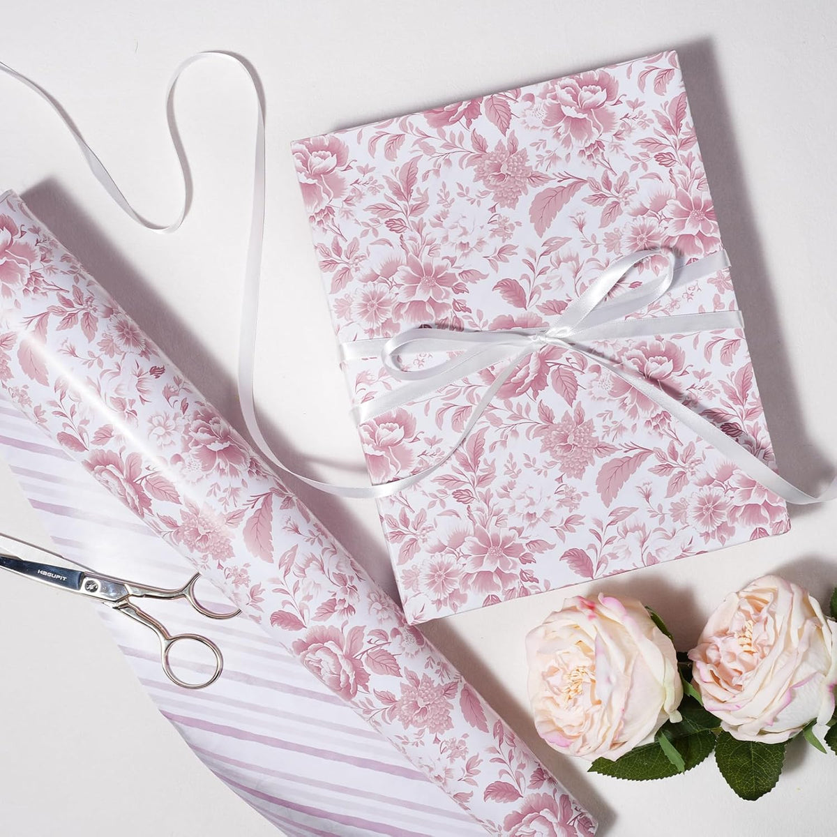 Pink Floral Wrapping Paper Mini Roll, Chinoiserie Peony Design