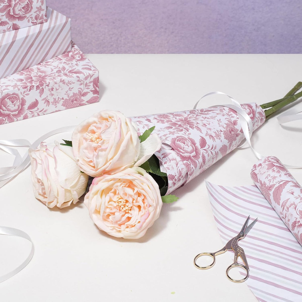 Pink Floral Wrapping Paper Mini Roll, Chinoiserie Peony Design