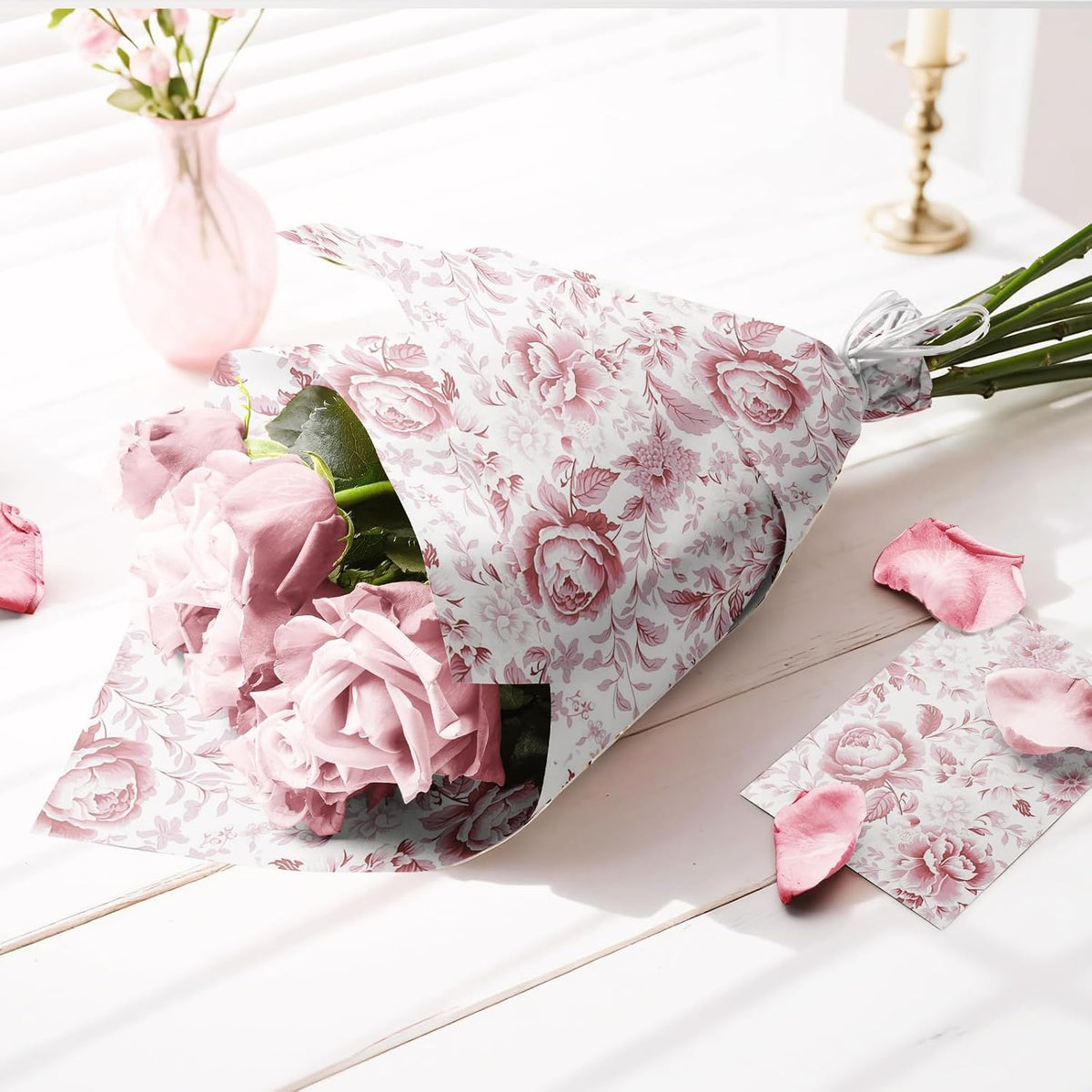 Pink Floral Wrapping Paper Mini Roll, Chinoiserie Peony Design