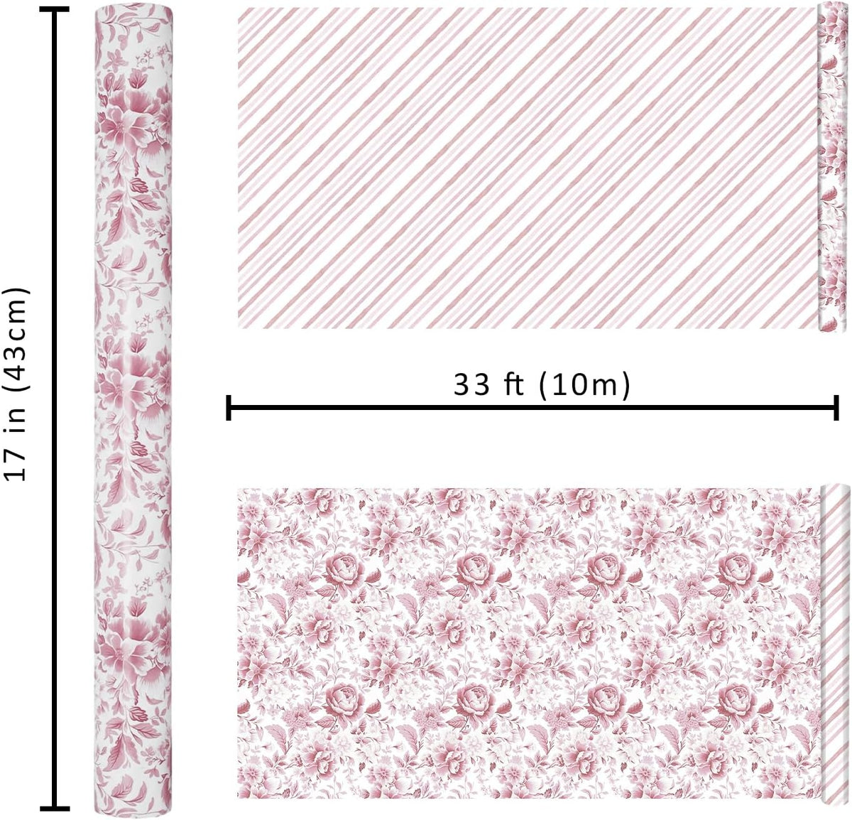 Pink Floral Wrapping Paper Mini Roll, Chinoiserie Peony Design