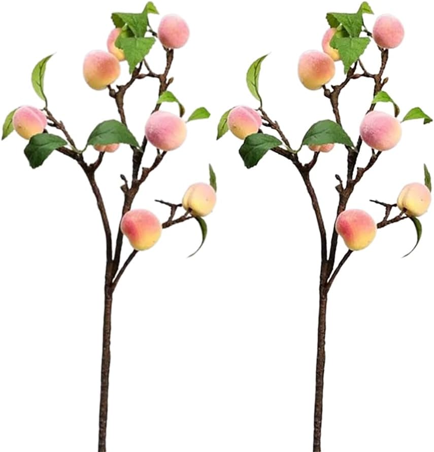 2 Pcs Artificial Peach Branches Faux Fruit Peach with Leaves
