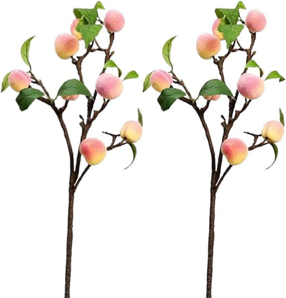 2 Pcs Artificial Peach Branches Faux Fruit Peach with Leaves