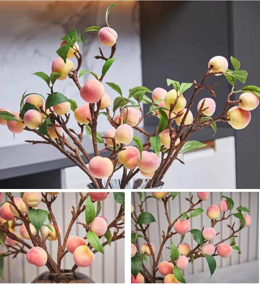 2 Pcs Artificial Peach Branches Faux Fruit Peach with Leaves