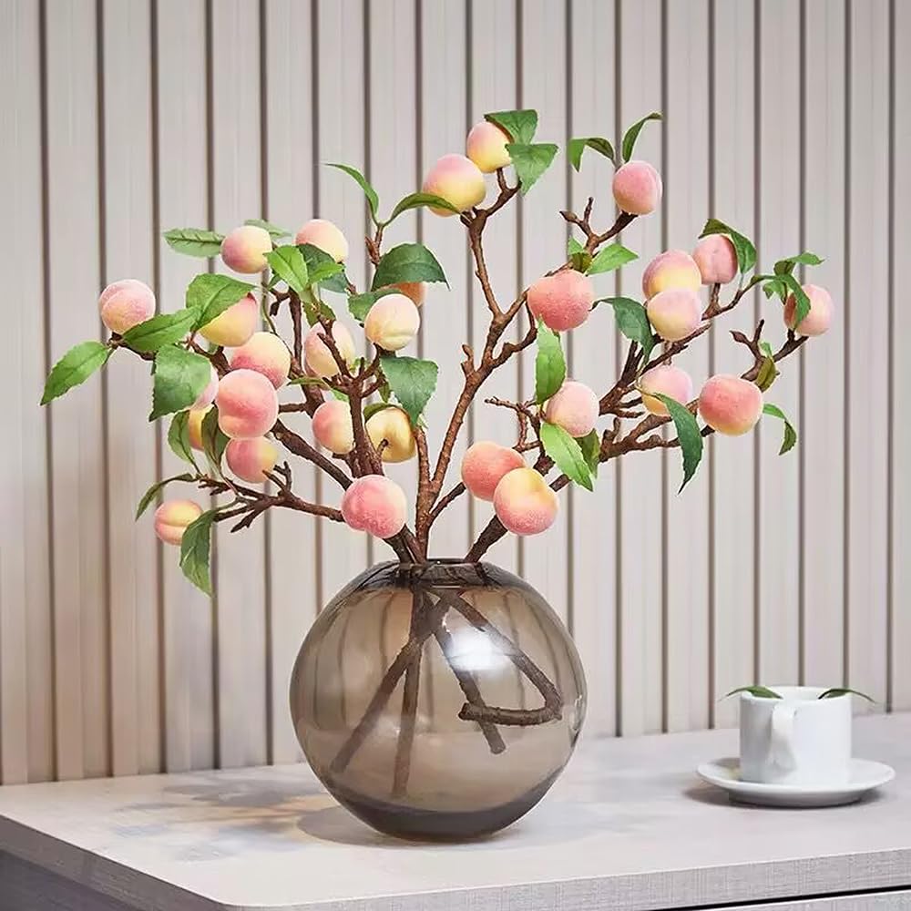 2 Pcs Artificial Peach Branches Faux Fruit Peach with Leaves