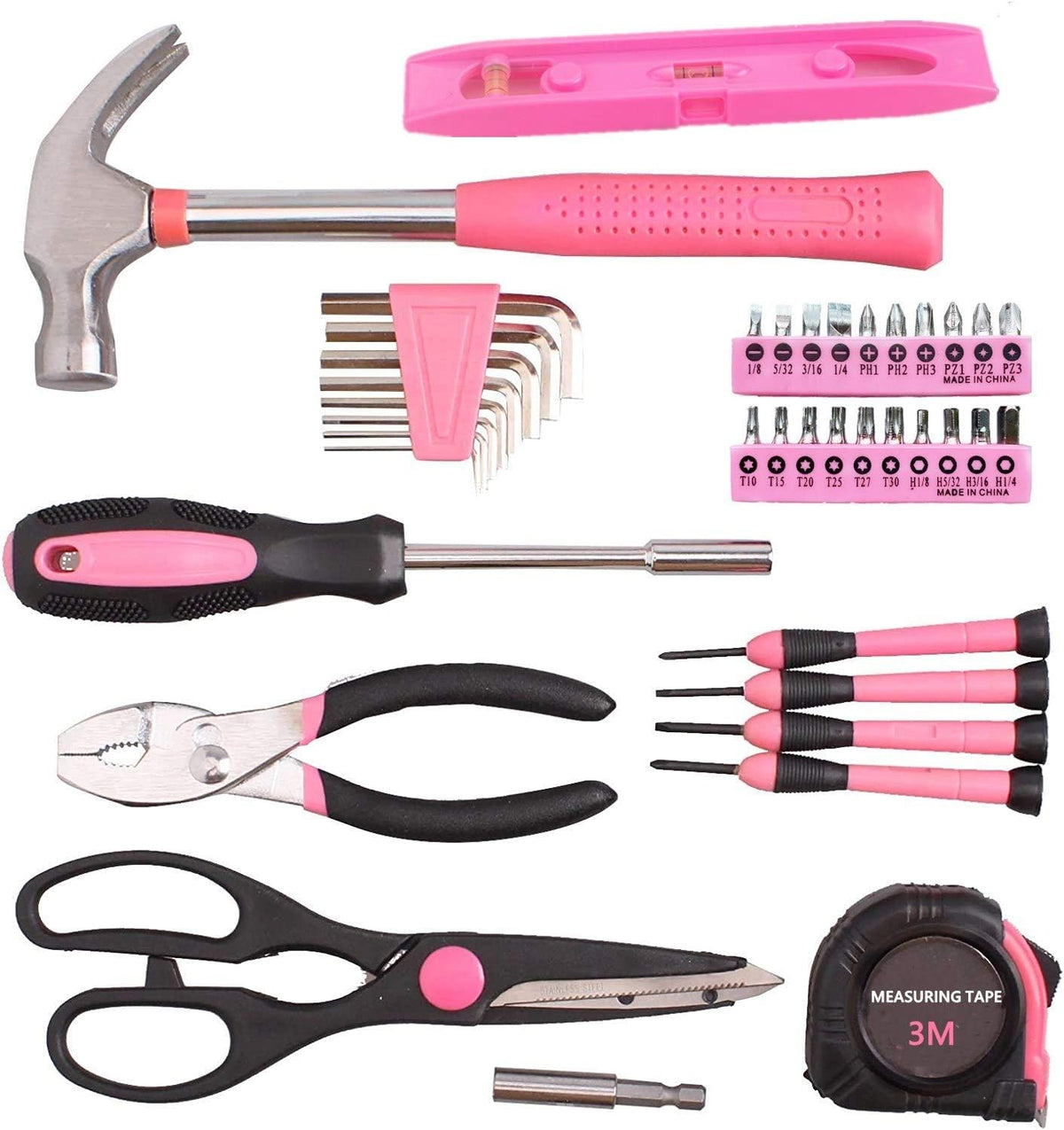 39-Piece General Tool Set-Essential Household Hand Tool Kit with Portable Toolbox Storage Case（Pink—Level Ruler））