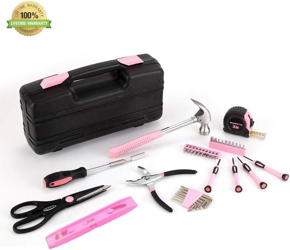 39-Piece General Tool Set-Essential Household Hand Tool Kit with Portable Toolbox Storage Case（Pink—Level Ruler））