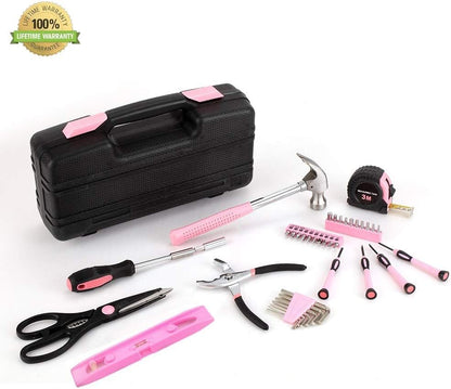 39-Piece General Tool Set-Essential Household Hand Tool Kit with Portable Toolbox Storage Case（Pink—Level Ruler））