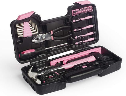 39-Piece General Tool Set-Essential Household Hand Tool Kit with Portable Toolbox Storage Case（Pink—Level Ruler））