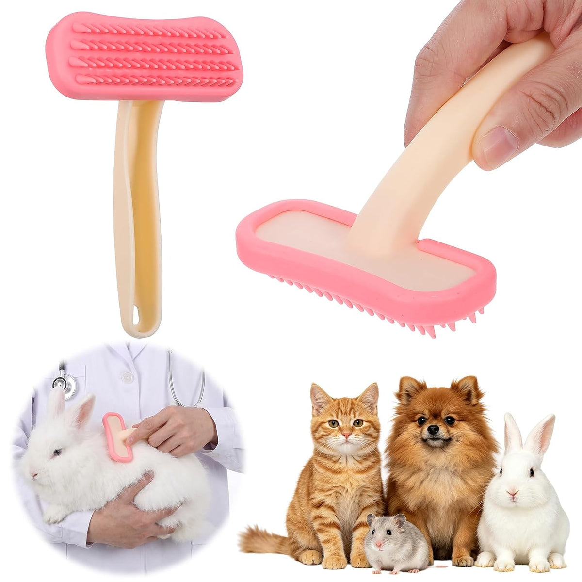 Rabbit Brush, Soft Silicone Small Animal Grooming Comb Bunny Brush for Shedding with Handle Gentle Massage Tool for Bath & Detangling Short Long Hair Dogs Cats Small Pets, Pink