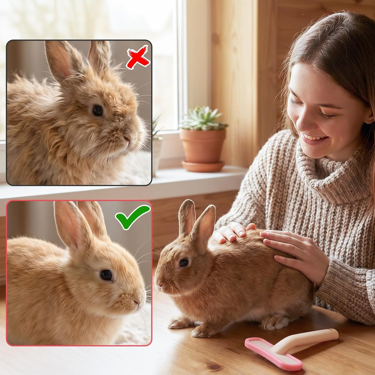 Rabbit Brush, Soft Silicone Small Animal Grooming Comb Bunny Brush for Shedding with Handle Gentle Massage Tool for Bath & Detangling Short Long Hair Dogs Cats Small Pets, Pink