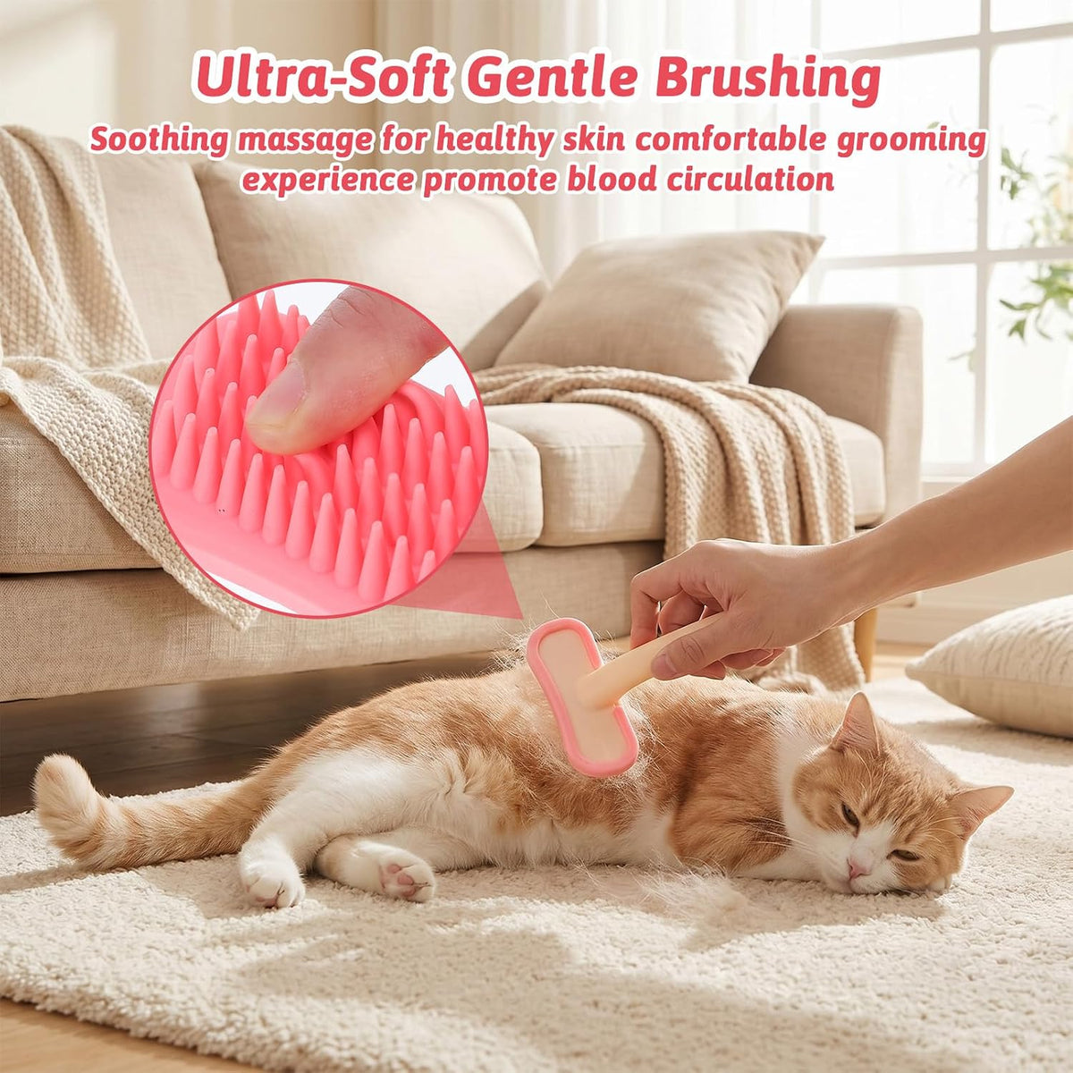 Rabbit Brush, Soft Silicone Small Animal Grooming Comb Bunny Brush for Shedding with Handle Gentle Massage Tool for Bath & Detangling Short Long Hair Dogs Cats Small Pets, Pink