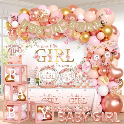 Baby Shower Girl Decorations,258pcs Pink Gold Baby Shower Decorations Girl Plates And Napkins Cups Banner Backdrop Tablecloth Cake Topper Balloon For A Sweet Little Girls Is On The Way Supplies