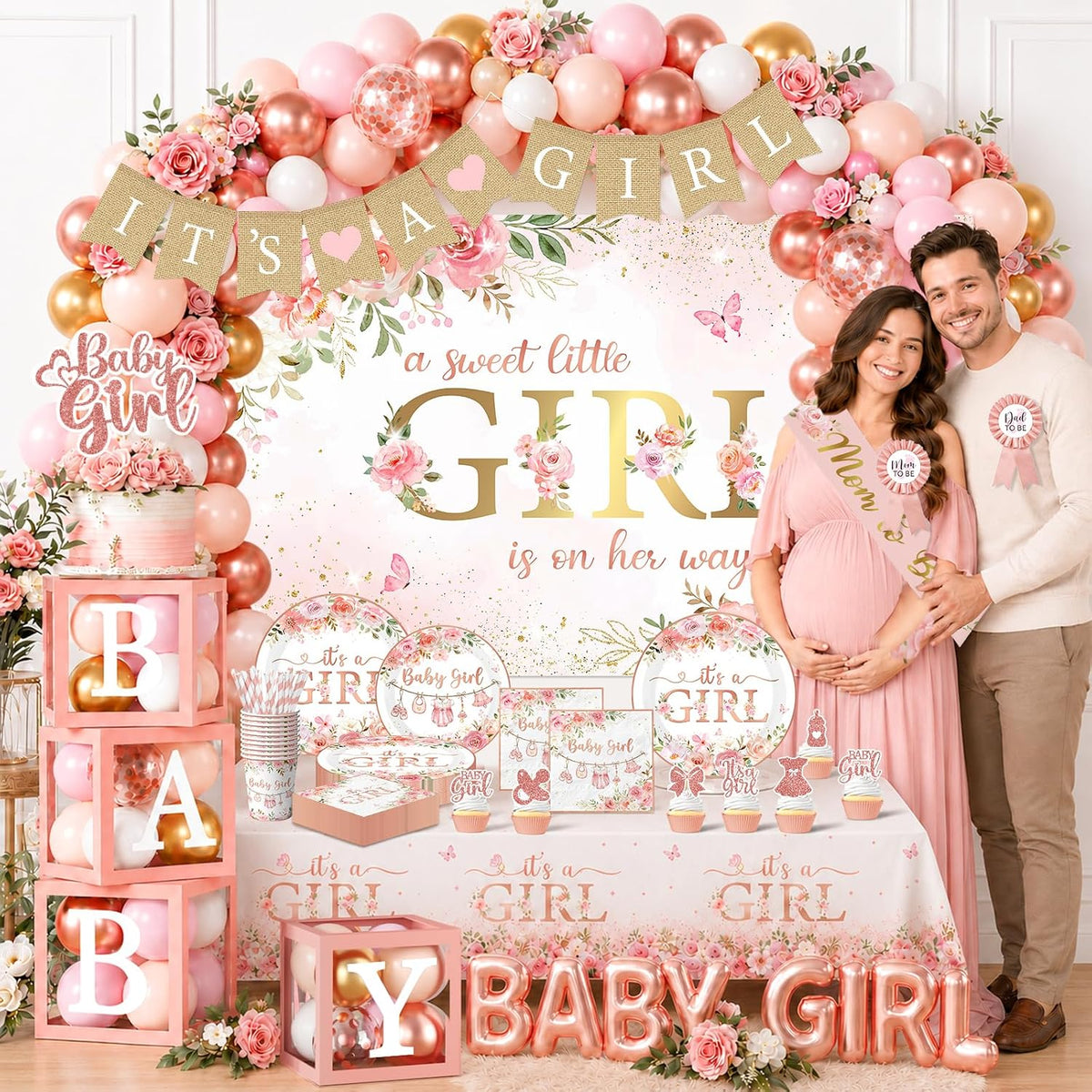 Baby Shower Girl Decorations,258pcs Pink Gold Baby Shower Decorations Girl Plates And Napkins Cups Banner Backdrop Tablecloth Cake Topper Balloon For A Sweet Little Girls Is On The Way Supplies