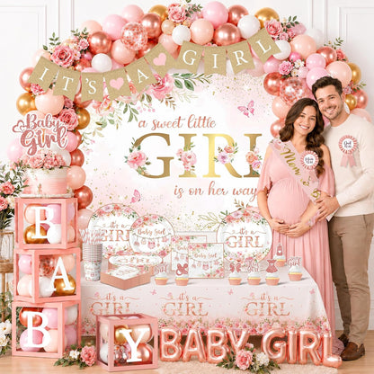 Baby Shower Girl Decorations,258pcs Pink Gold Baby Shower Decorations Girl Plates And Napkins Cups Banner Backdrop Tablecloth Cake Topper Balloon For A Sweet Little Girls Is On The Way Supplies