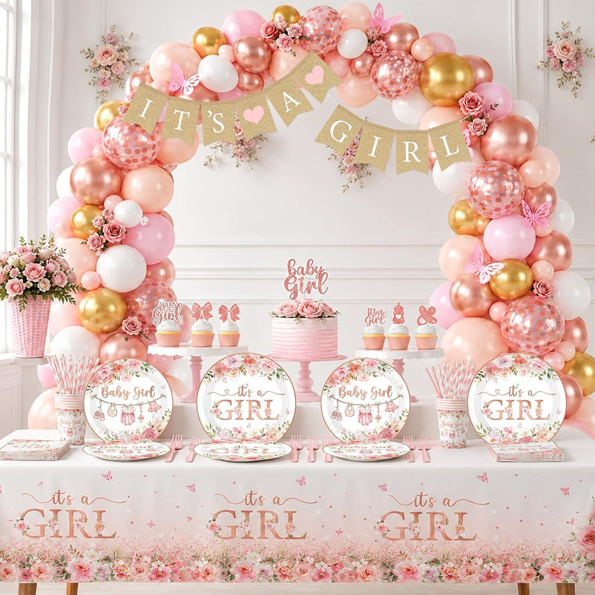 Baby Shower Girl Decorations,258pcs Pink Gold Baby Shower Decorations Girl Plates And Napkins Cups Banner Backdrop Tablecloth Cake Topper Balloon For A Sweet Little Girls Is On The Way Supplies