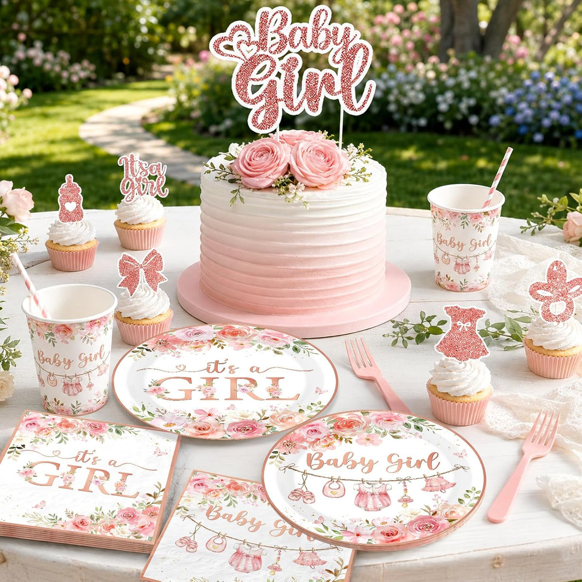 Baby Shower Girl Decorations,258pcs Pink Gold Baby Shower Decorations Girl Plates And Napkins Cups Banner Backdrop Tablecloth Cake Topper Balloon For A Sweet Little Girls Is On The Way Supplies
