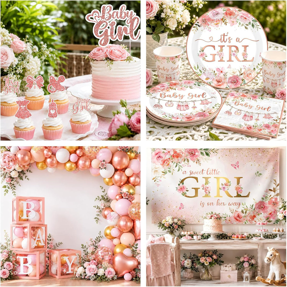 Baby Shower Girl Decorations,258pcs Pink Gold Baby Shower Decorations Girl Plates And Napkins Cups Banner Backdrop Tablecloth Cake Topper Balloon For A Sweet Little Girls Is On The Way Supplies