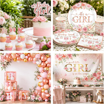 Baby Shower Girl Decorations,258pcs Pink Gold Baby Shower Decorations Girl Plates And Napkins Cups Banner Backdrop Tablecloth Cake Topper Balloon For A Sweet Little Girls Is On The Way Supplies