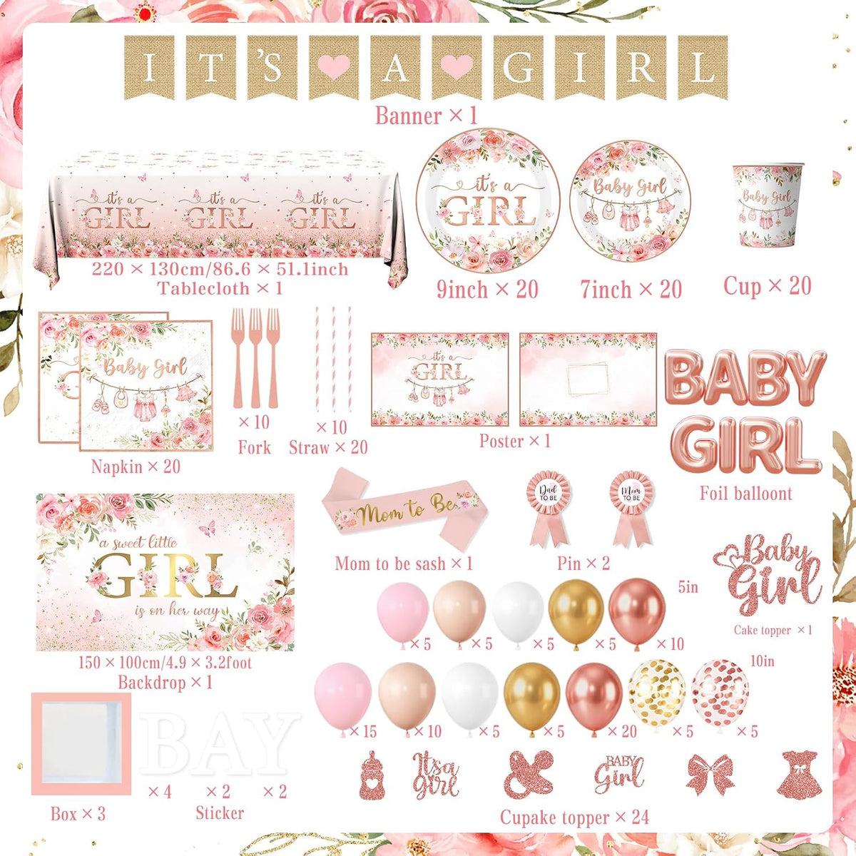 Baby Shower Girl Decorations,258pcs Pink Gold Baby Shower Decorations Girl Plates And Napkins Cups Banner Backdrop Tablecloth Cake Topper Balloon For A Sweet Little Girls Is On The Way Supplies