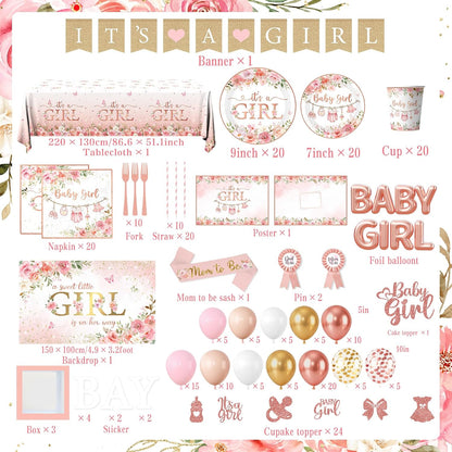 Baby Shower Girl Decorations,258pcs Pink Gold Baby Shower Decorations Girl Plates And Napkins Cups Banner Backdrop Tablecloth Cake Topper Balloon For A Sweet Little Girls Is On The Way Supplies