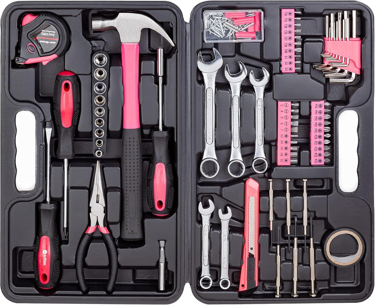 148-Piece Automotive And Household Tool Set, Pink Repair Kit Case