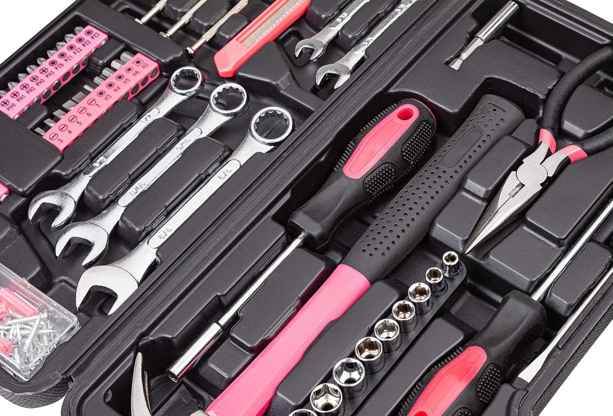 148-Piece Automotive And Household Tool Set, Pink Repair Kit Case