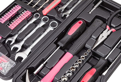 148-Piece Automotive And Household Tool Set, Pink Repair Kit Case