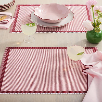 Garden Party Reversible 100% Cotton Placemats 4-Pack Set, Woven Ribbed Design, Pink/Rose Pink, 14"x19"