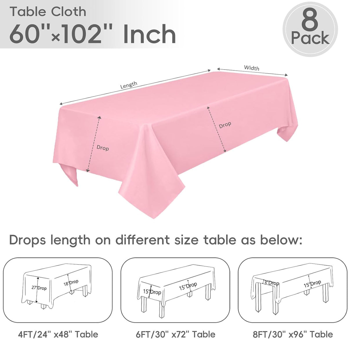 8 Pack Pink Tablecloth 60 x 102 Inch Rectangle For 6 Foot Tables