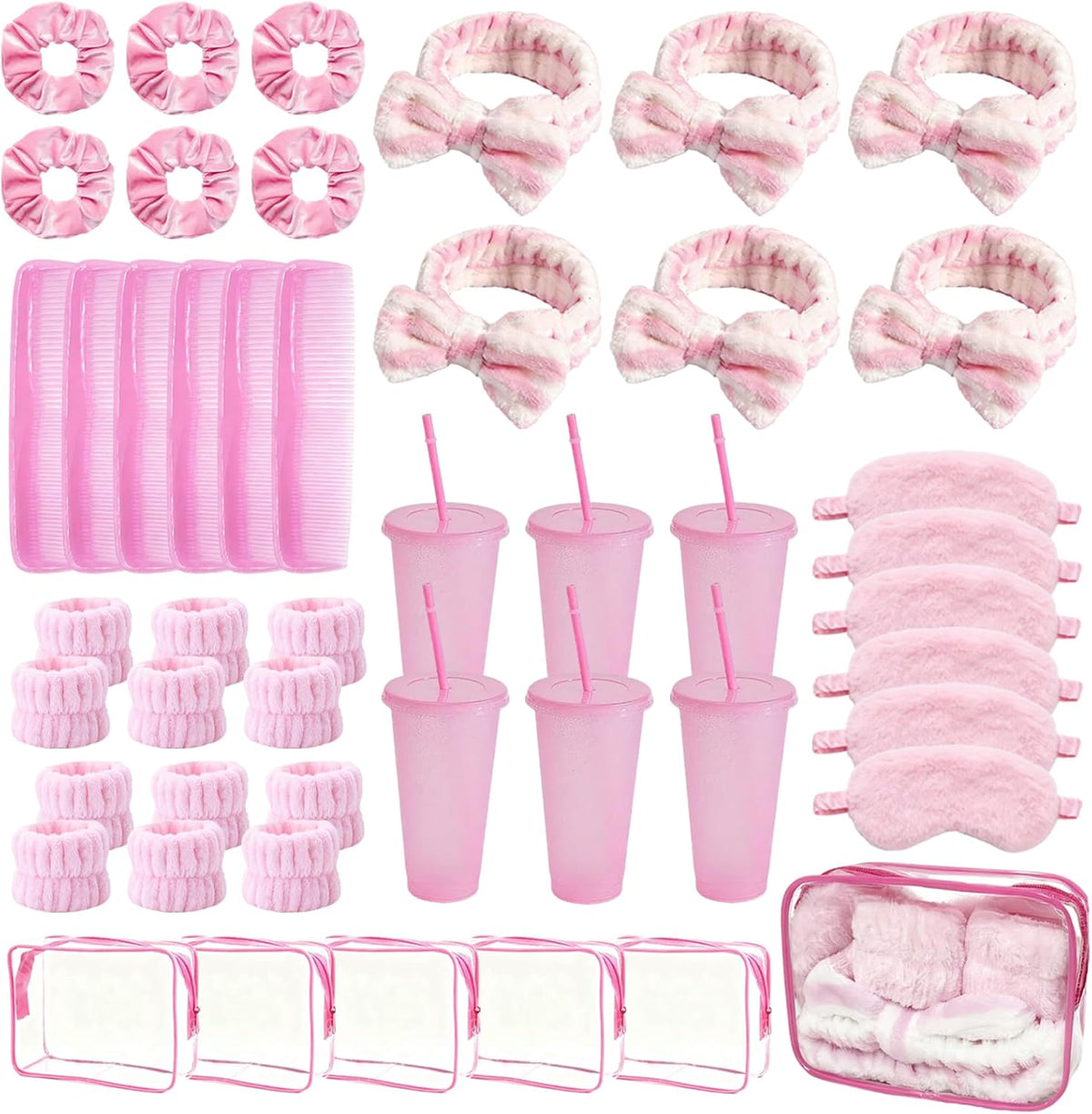 6 Set Sleepover Party Supplies for Women, Spa Party Favors with Eye Mask Hairband Wristband Velvet Scrunchies Plastic Cups Mini Hair Brush Clear Makeup Bag, Slumber Party Supplies for Women (Pink)