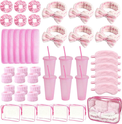 6 Set Sleepover Party Supplies for Women, Spa Party Favors with Eye Mask Hairband Wristband Velvet Scrunchies Plastic Cups Mini Hair Brush Clear Makeup Bag, Slumber Party Supplies for Women (Pink)