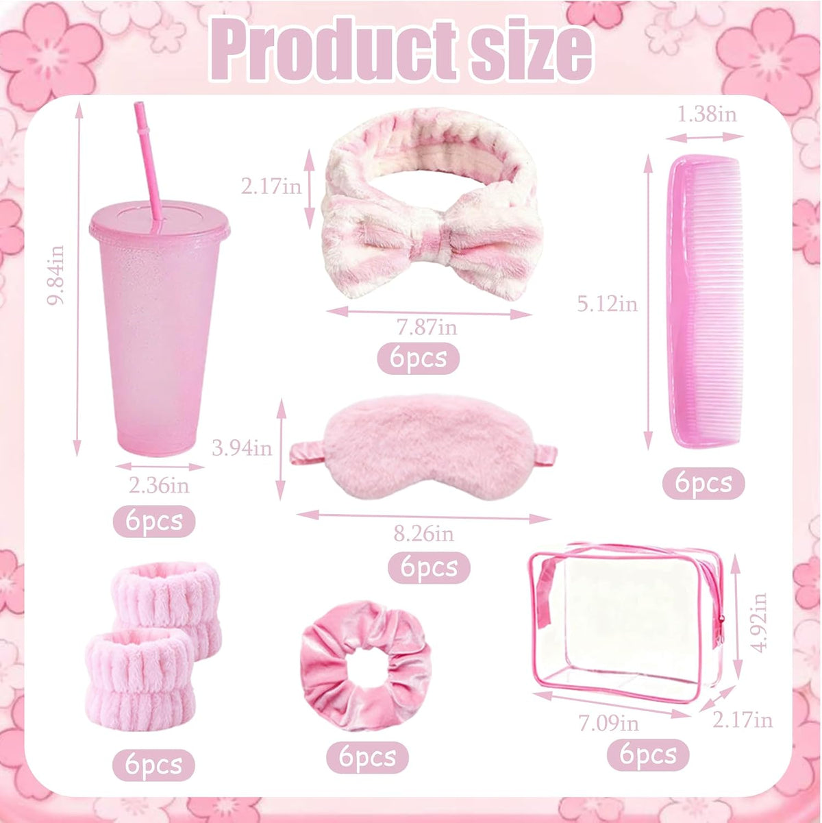 6 Set Sleepover Party Supplies for Women, Spa Party Favors with Eye Mask Hairband Wristband Velvet Scrunchies Plastic Cups Mini Hair Brush Clear Makeup Bag, Slumber Party Supplies for Women (Pink)