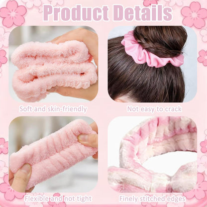6 Set Sleepover Party Supplies for Women, Spa Party Favors with Eye Mask Hairband Wristband Velvet Scrunchies Plastic Cups Mini Hair Brush Clear Makeup Bag, Slumber Party Supplies for Women (Pink)