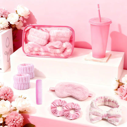 6 Set Sleepover Party Supplies for Women, Spa Party Favors with Eye Mask Hairband Wristband Velvet Scrunchies Plastic Cups Mini Hair Brush Clear Makeup Bag, Slumber Party Supplies for Women (Pink)