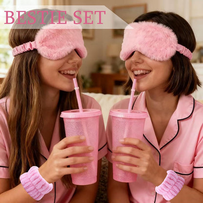 6 Set Sleepover Party Supplies for Women, Spa Party Favors with Eye Mask Hairband Wristband Velvet Scrunchies Plastic Cups Mini Hair Brush Clear Makeup Bag, Slumber Party Supplies for Women (Pink)