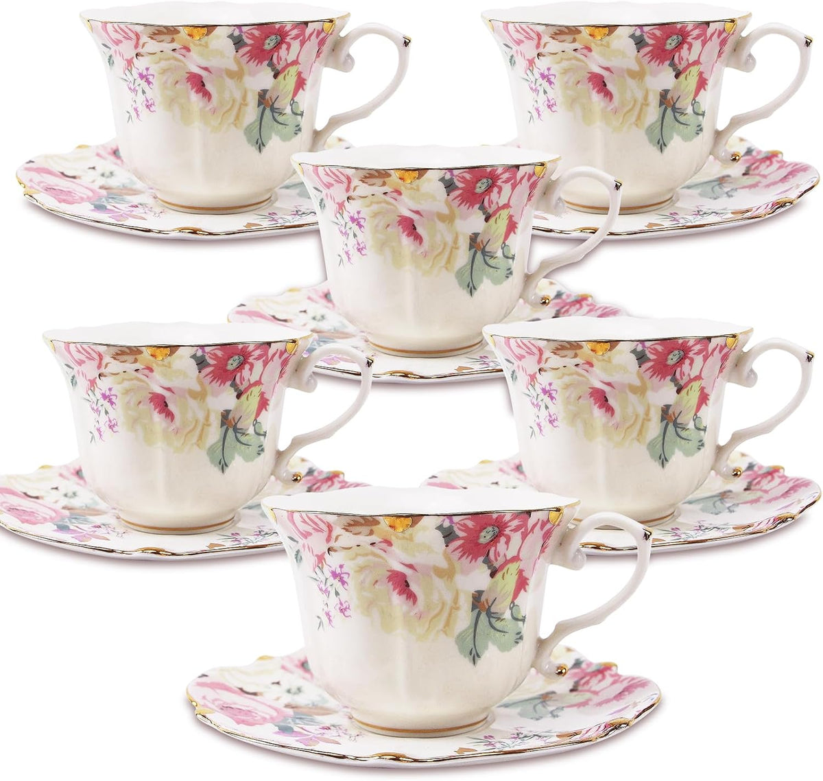 Country Roses 18 Peices Bone China Tea Cup And Saucer Set, English Vintage Tea Cups Of 6 For Women And Tea Party Sets(Pink,6 sets)