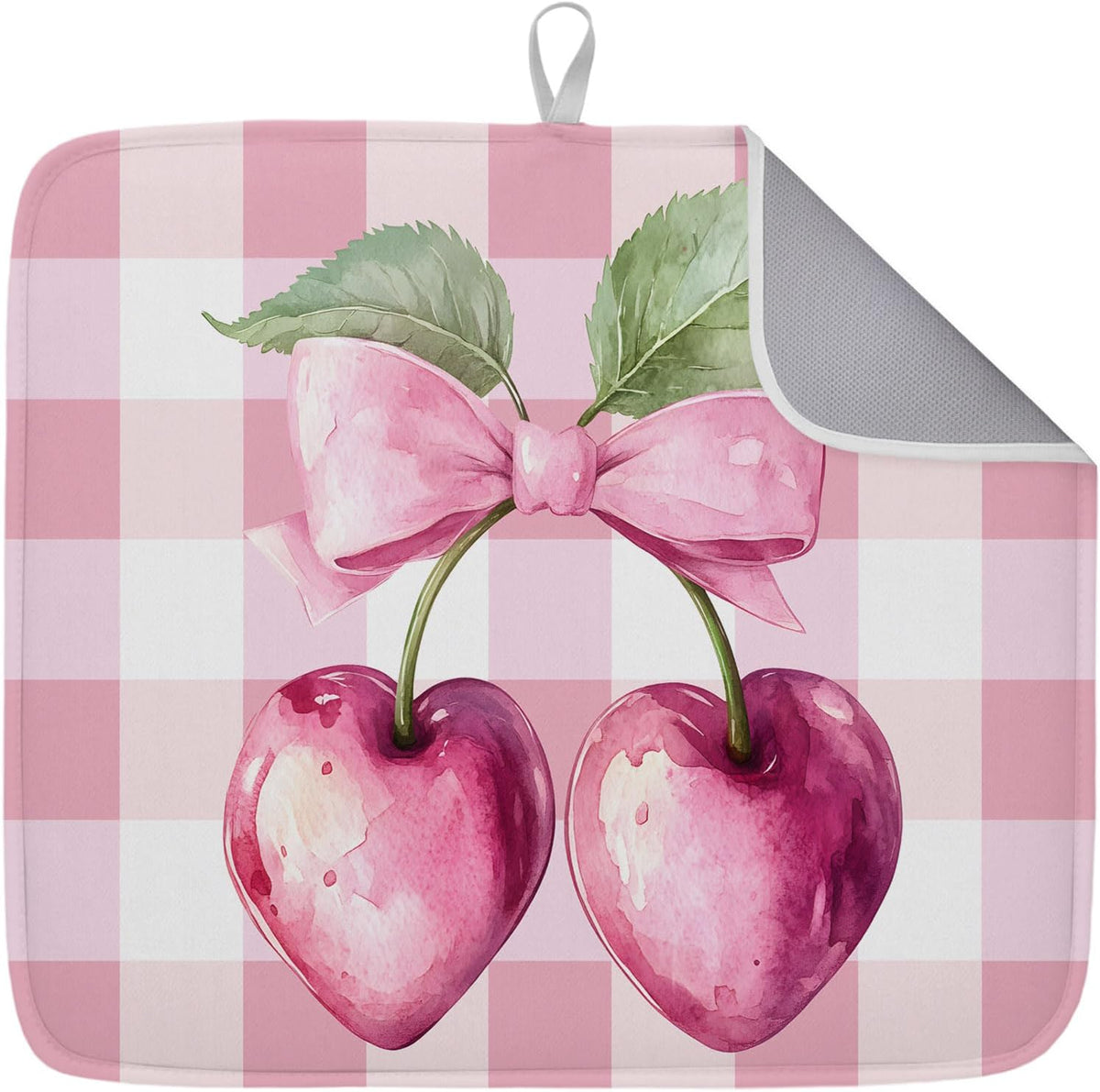 Dish Drying Mat Pink Bow Cherry Kitchen Counter Drying Pad for Dishes Glasses Cups and Cookware Pink White Check Absorbent Dish Drying Mat Machine Washable Kitchen Accessories 16" x 18"