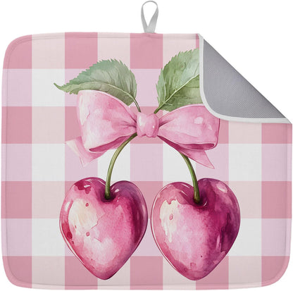 Dish Drying Mat Pink Bow Cherry Kitchen Counter Drying Pad for Dishes Glasses Cups and Cookware Pink White Check Absorbent Dish Drying Mat Machine Washable Kitchen Accessories 16" x 18"