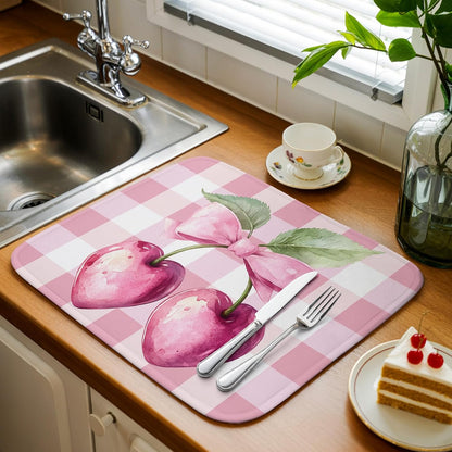 Dish Drying Mat Pink Bow Cherry Kitchen Counter Drying Pad for Dishes Glasses Cups and Cookware Pink White Check Absorbent Dish Drying Mat Machine Washable Kitchen Accessories 16" x 18"