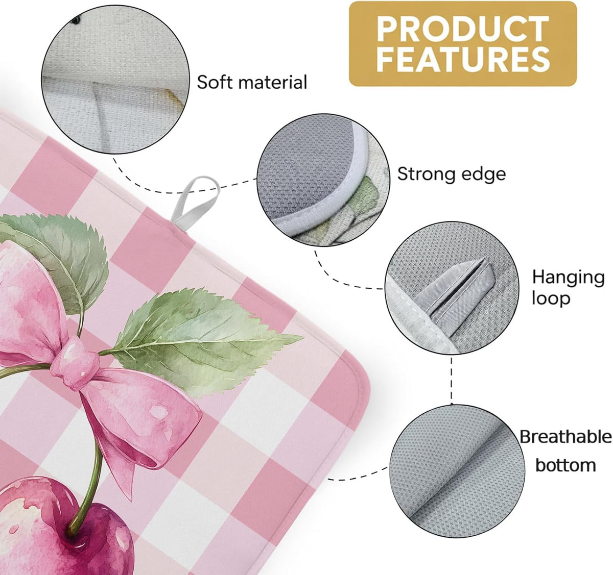 Dish Drying Mat Pink Bow Cherry Kitchen Counter Drying Pad for Dishes Glasses Cups and Cookware Pink White Check Absorbent Dish Drying Mat Machine Washable Kitchen Accessories 16" x 18"